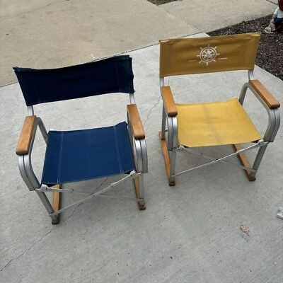 Vintage Pair Folding Beach Chairs Aluminum Frame Directors Chairs - Image 1 of 4