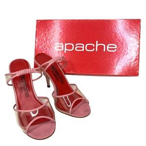 Vtg. 1980s Apache of California Pink Clear Plastic Mules Pinup Stiletto Sz. 7.5 - Picture 1 of 11