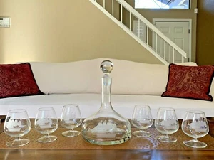 Gorgeous! Vintage Etched Boat Ship Decanter Set w/ 6 Etched Glasses Old Antique - Picture 1 of 12