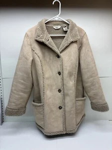 L.L. Bean Brown Faux Suede Sherpa Lined Raw Hem Button Front Pea Coat Size Large - Picture 1 of 7