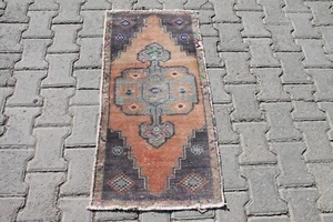 1x3 ft Handmade Orange & Gray Turkish Rug, Vintage Boho Anatolian Bedroom Décor - Picture 1 of 10