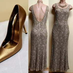 Vestido Carmen Marc Valvo marrón claro/beige con cuentas, corte lumbar, talla 6 - Imagen 1 de 10