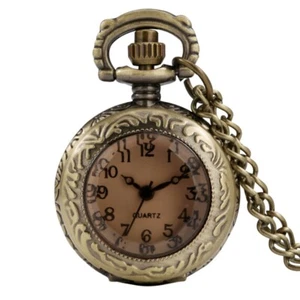 Antique Mini Tawny Glass Design Men Women Quartz Pocket Watch Necklace Chain - Picture 1 of 11