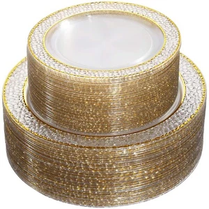 Nervure 102PCS Gold Plastic Plates - Disposable Clear Gold Party Plates Inclu... - Picture 1 of 9