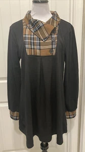 NWT Timeson Womens Lapel Pullover Tunic Sweater SZ XL Black with Plaid Features - Picture 1 of 12