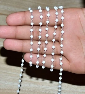 925 silver wire wrapped rosary chain, 3mm white glass beads bulk roll chain - Picture 1 of 6