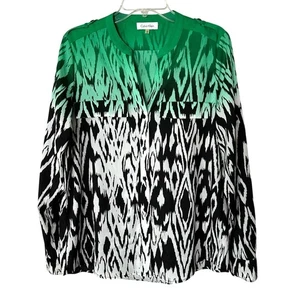 Calvin Klein Damen Bluse Grün & Schwarz Batik Print Rollriegel Ärmel M Neu ohne Etikett - Bild 1 von 15
