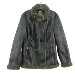 Mona Dark Green Faux Suede Faux Fur Zip-Up Jacket Women's 10 Preowned Polyester - Picture 1 of 5