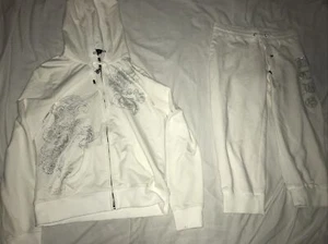 BCBGMAXAZRIA Womens Hooded Drawstring Full Zip Sweat Set Beige Size M Rhinestone - Picture 1 of 12