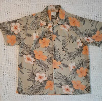 Traders Bay Mens Camp Shirt-Size Lg Washable Silk Green & Peach Hawaiian/Floral  - Image 1 of 4