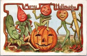 Original Halloween Embossed Postcard- Anthropomorphic Vegetables- Turnip Pumpkin
