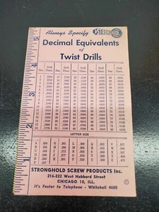 Vintage Stronghold Screw Products Decimal Equivalents of Twist Drills Card - Chi - Picture 1 of 4