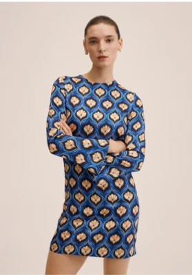 全新带标签 Mango 复古印花连衣裙蓝色迷你换装尺寸 2 长袖 — 第 1/4 张图片