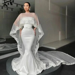 Long Wedding Wraps Shawl Appliques Lace Evening Party Cape Wedding Accessories - Picture 1 of 10