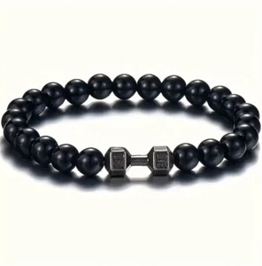 Lava Dumbbell Bracelet Unisex - Natural Shiny Smooth  Stones - UK Stock - Picture 1 of 1