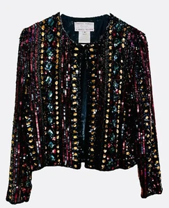 Vintage Adrianna Papell Evening Fully Beaded Sequin Jacket Sz M 1994 Silk Multi - Picture 1 of 15