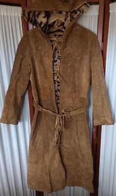 Penny Lane стиль длинный замшевый с капюшоном пальто куртка животное печать с подкладкой бахрома ремень - Изображение 1 из 4