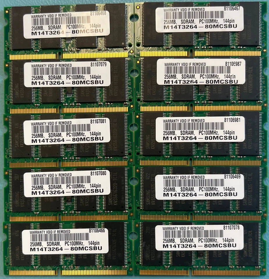 LOT OF 10 New Build 256MB 100MHz CL3 PC100 144 Pin SDRAM - Image 1 of 1