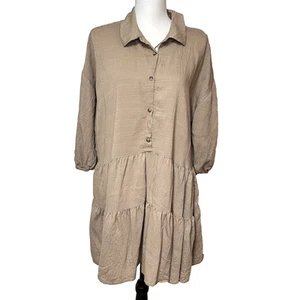 Blu Pepper Dusty Brown Women’s sz L Tiered Shirtdress W/ Puff Sleeves Pockets - Picture 1 of 8