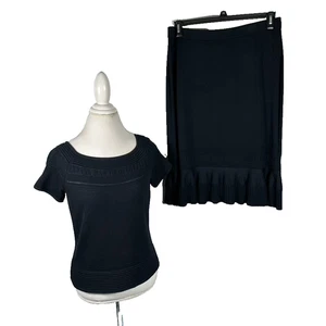 St. John Navy Blue Santana Knit Outfit Top Skirt Set Ruffle Eyelet Size S 12 - Picture 1 of 12
