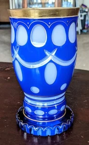 Bohemian Biedermeier Blue Cut Overlay and Gold Goblet Cup Glass Chalice 6 1/4" - Picture 1 of 7