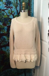 MAJE PARIS WOMEN’S LINEN COTTON RUFFLED HEM SWEATER IVORY CREAM SZ 1 US SMALL - Bild 1 von 6