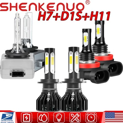 H7 LED D1S HID Xenon Headlight High and Low Beam+LED Fog Light Bulbs 6000K White - Image 1 of 4