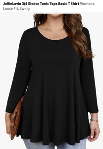 Jollielovin Womens 3/4 Sleeve Loose Fit Swing Tunic Tops Basic T Shirt Black 3X - Picture 1 of 4