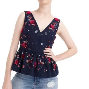 J.Crew Damenoberteil handverziert Blumenmuster Schößchen Leinen Baumwollmischung Größe 2 - Bild 1 von 8