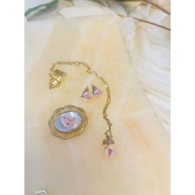 1928 Brand Porcelain Pink Roses Set Necklace, Earrings And Brooch - Image 1 of 3