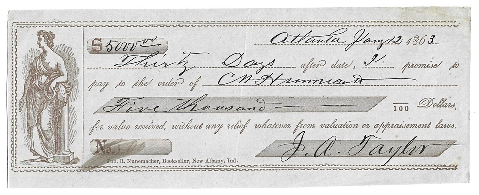 RARE! CONFEDERATE 1863 $5,000 ATLANTA NOTE - Image 1 of 2