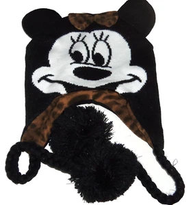Disney Minnie Mouse Hat Hoodie Knit Fleece Winter Pom Poms Animal Print Bow NEW - Picture 1 of 2