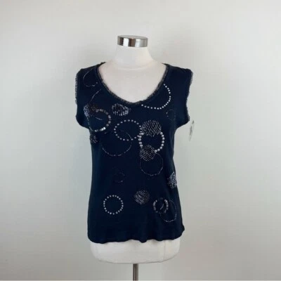 Blusa Top Kikit Vintage Negra Plata Con Cuentas Adornada Círculos Mujer Mediana Foto 1 de 4