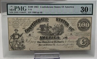 1861 Confederate States of America 100 Dollar Note T-13 PMG 30 Very Fine EPQ - Image 1 of 2