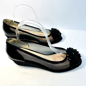RON WHITE 'RITCHIE' BLACK PATENT LEATHER /MESH WEDGES W/ BEADED BOW SZ40/US 9.5 - Picture 1 of 23