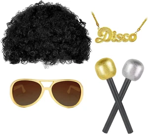5er Set Herren Disco Kostüm 70er 80er, Hippie Outfit, Mikrofon & Perücke - Bild 1 von 7