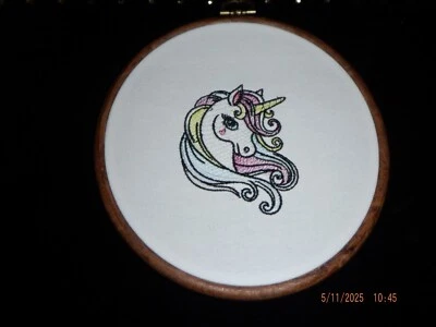 EMBROIDERY, UNICORN, FINSIHED AND FRAMED READY TO HANG 6" DIAMETER - Image 1 of 2