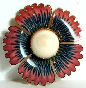 VTG ENAMEL PETALED FLOWER FAUX OPAL CAB CENTER BROOCH - Picture 1 of 3