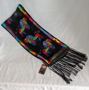 NWT Laurel Burch Signed Rainbow Colors "Mythical Horses" Fringed Silk Scarf - Picture 1 of 3