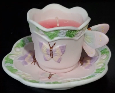 Pastel Butterfly Hand-Crafted Tea Cup and Saucer Candle - Image 1 of 4