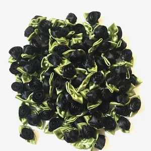 Satin Ribbon Roses Flowers Rosebuds Appliques Small Black w/Green Leaves 288 Pcs - Picture 1 of 4