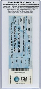 Tony Parker 42pts FRANCHISE ASSISTS RECORD 2012 Spurs Thunder 2/4 Full Ticket - Picture 1 of 12