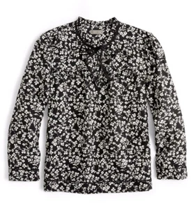 NWT J.Crew Point Sur XS Blossom Print Silk Popover Blouse Black Long Sleeve - Picture 1 of 3