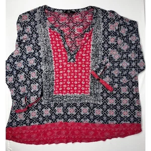 Lucky Brand Blouse V Neck Size 1X Pre-Owned Boho Casual Blue and Rose 3/4 Sleeve - Picture 1 of 8