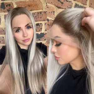 Brown Blonde Long Straight Pre Plucked T Lace Front Wig Synthetic Hair - Picture 1 of 8