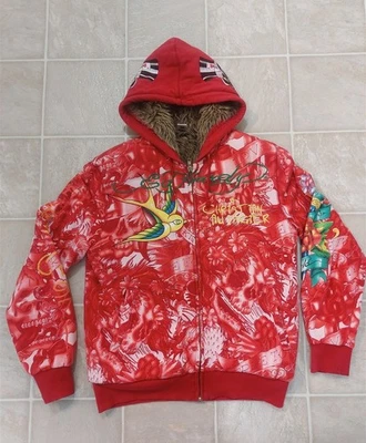 ED HARDY CHRISTIAN AUDIGIER EMBROIDERED RED FUR LINED JACKET HOODIE L Y2K - Image 1 of 4