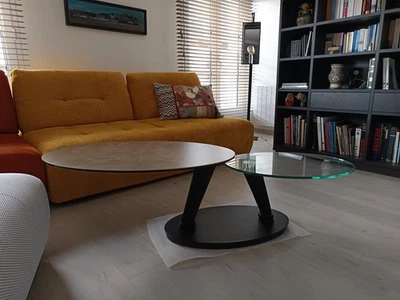 table basse de salon design, neuve, double plateau articulé, céramique et verre  - Photo 1/3
