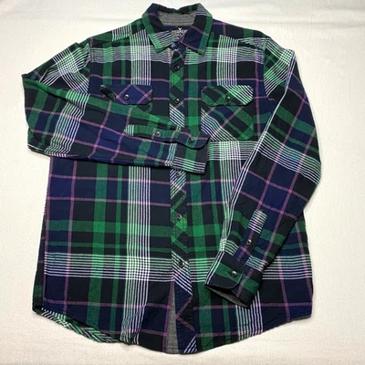 Company Eighty One Mens Top sz S Black Purple Green Plaid Roll Tab Sleeve Cotton - Image 1 of 4