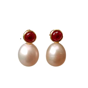 Pink Freshwater Cultured Rice Pearl Drop Stud Cubic Zirconia Pave Earrings - Picture 1 of 7