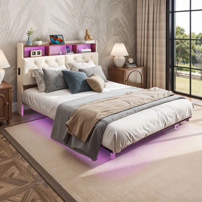 Queen Size Floating Storage Bed Frame with LED Lights Charging Station Headboard - Image 1 of 4